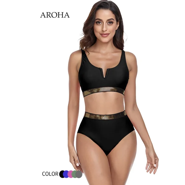 AROHA-2023-Sexy-Bikini-Swimwear-Women-s-Two-Piece-Gold-Plated-Belt-Detail-High-Waist-Biquin